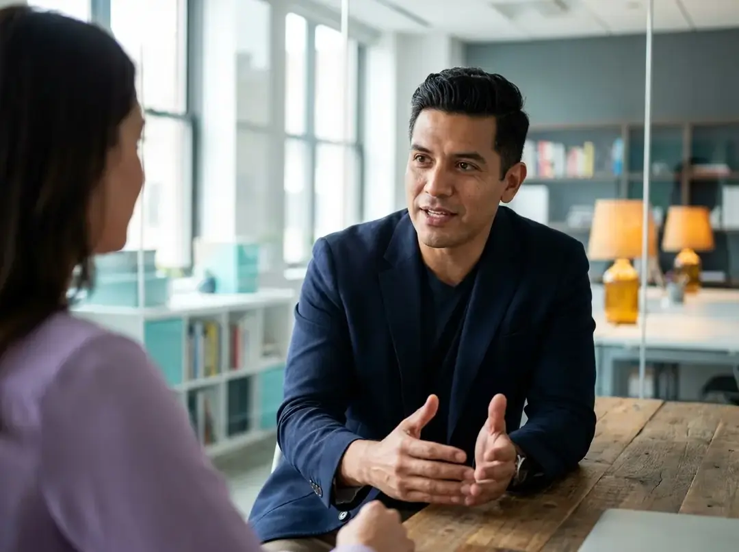 Hombre hispano conversando con confianza en una entrevista de trabajo